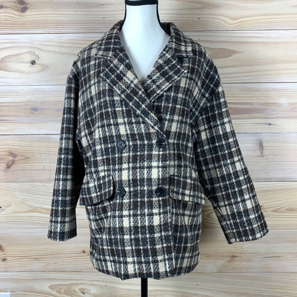 J.ING Pea Coat Women S Brown Plaid Double Breasted Quilted  Jacket Dark Academia